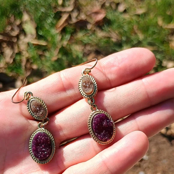 GORGEOUS maroon and mocha, faux druzy double drop earrings, whimsy gothic, boho - Picture 10 of 10
